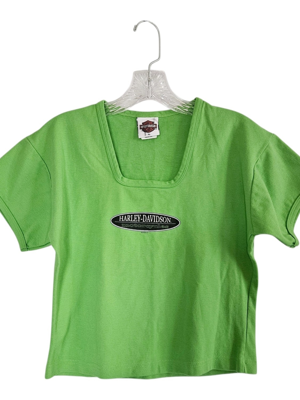 Harley-Davidson Crop Top Short Sleeve T-Shirt Womens XL Green Bikercore Y2k